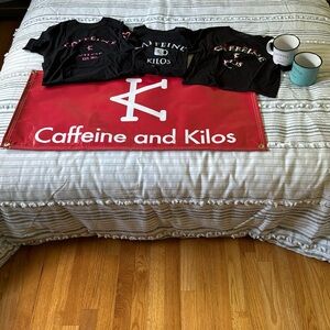 Caffeine and Kilos Swag. Gym banner, 2 t shirts, Crop top and 2 mugs.